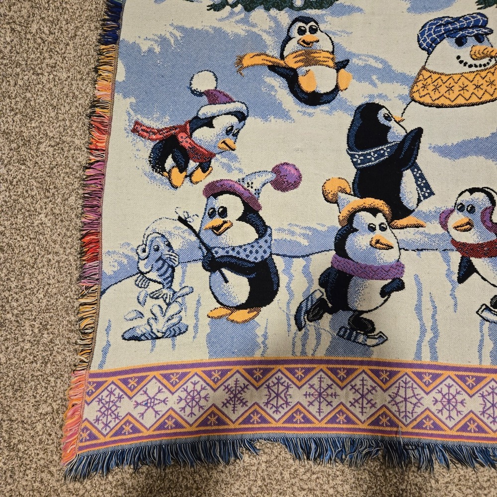Vintage Goodwin Weavers Blanket North Pole Penguins Fish Ice Throw Cotton USA - Picture 3 of 8